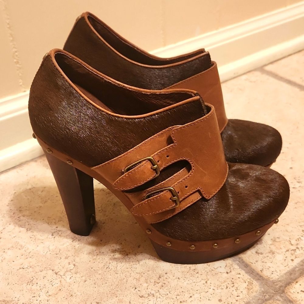 Ugg "Illana" Brown Pony Hair Platform High Heel Studded Sherpa Boots Size 7